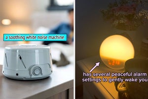 to the left: a white noise machine, to the right: a sunlight alarm clock