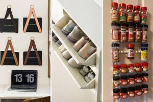 leather file hangers; white shoe cabinet; six-row spice organizer on the back of a closet door
