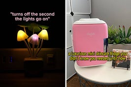 to the left: a mushroom night light, to the right: a pink mini skincare fridge