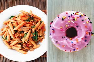 On the left, some penne paste with veggies and marinara sauce, and on the right, a strawberry donut with sprinkles