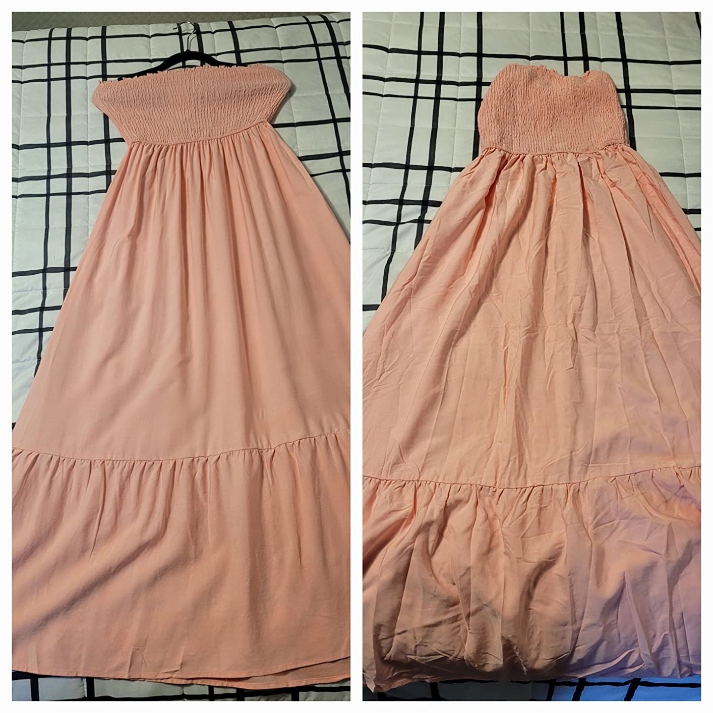 a side by side pictures of a sundress with wrinkles and the same sundress without wrinkles