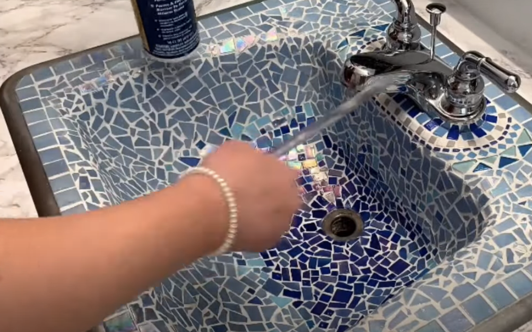 mosaic blue tile in bathroom sink