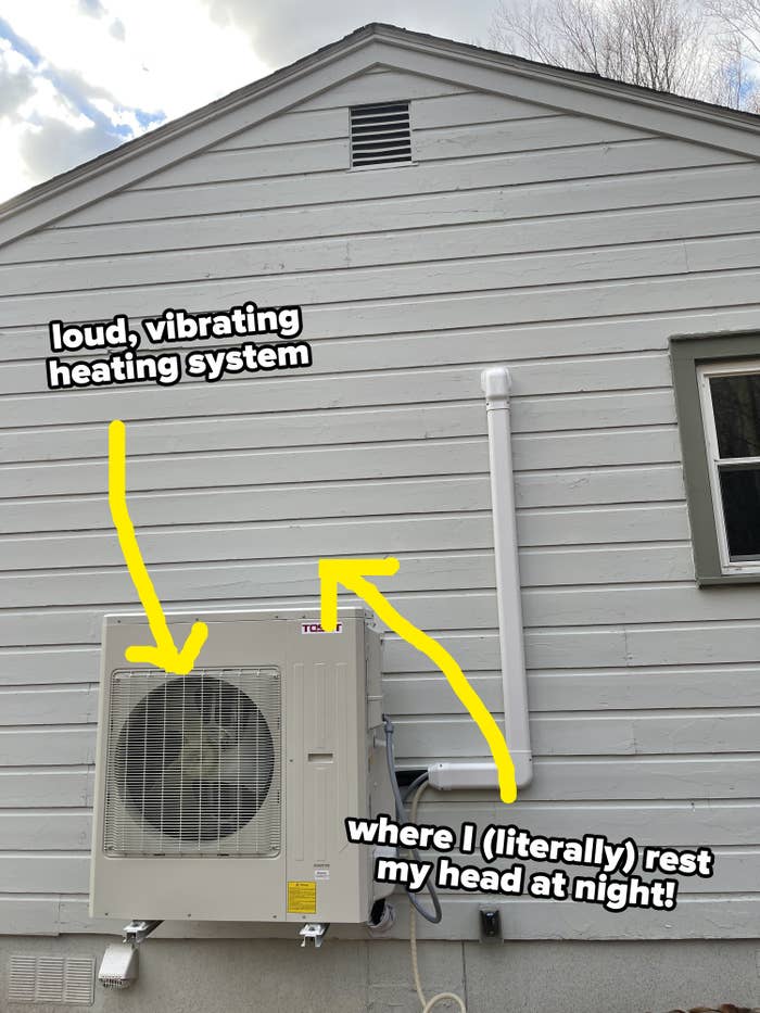 arrow pointing to heat pump on side of house and another arrow pointing to the fact that that&#x27;s where the author literally rests his head at night