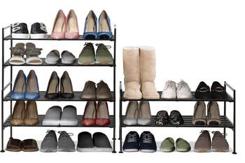 The two-tier shoe rack next to a version with four tiers stacked on top of each other