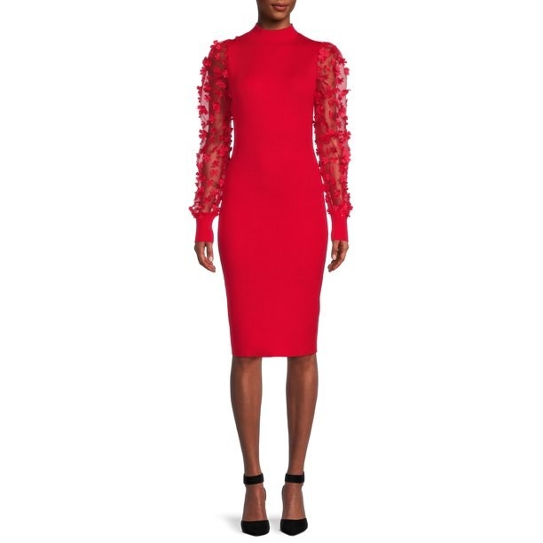 Model wearing red midi dress with sheer puff sleeves