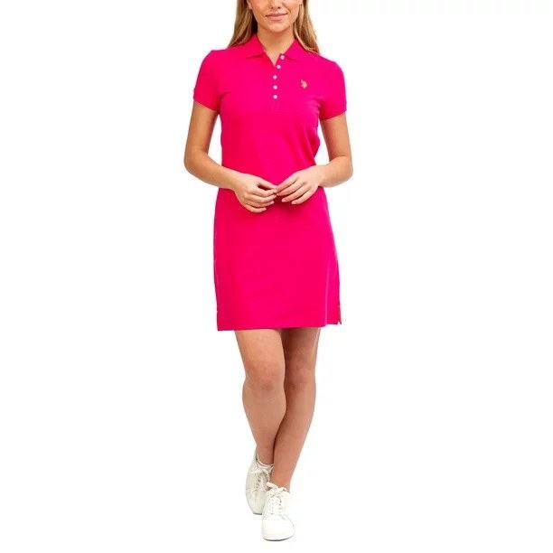 Model wearing pink polo dress