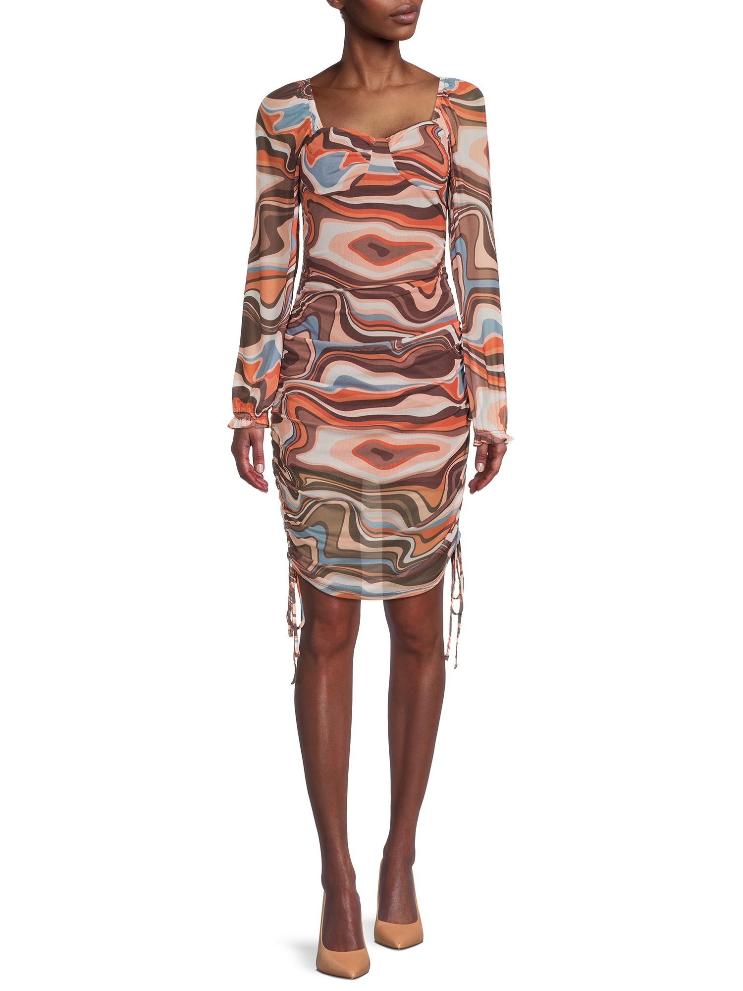Model wearing long sleeve mesh dress with blue, white, orange, and brown wavy pattern