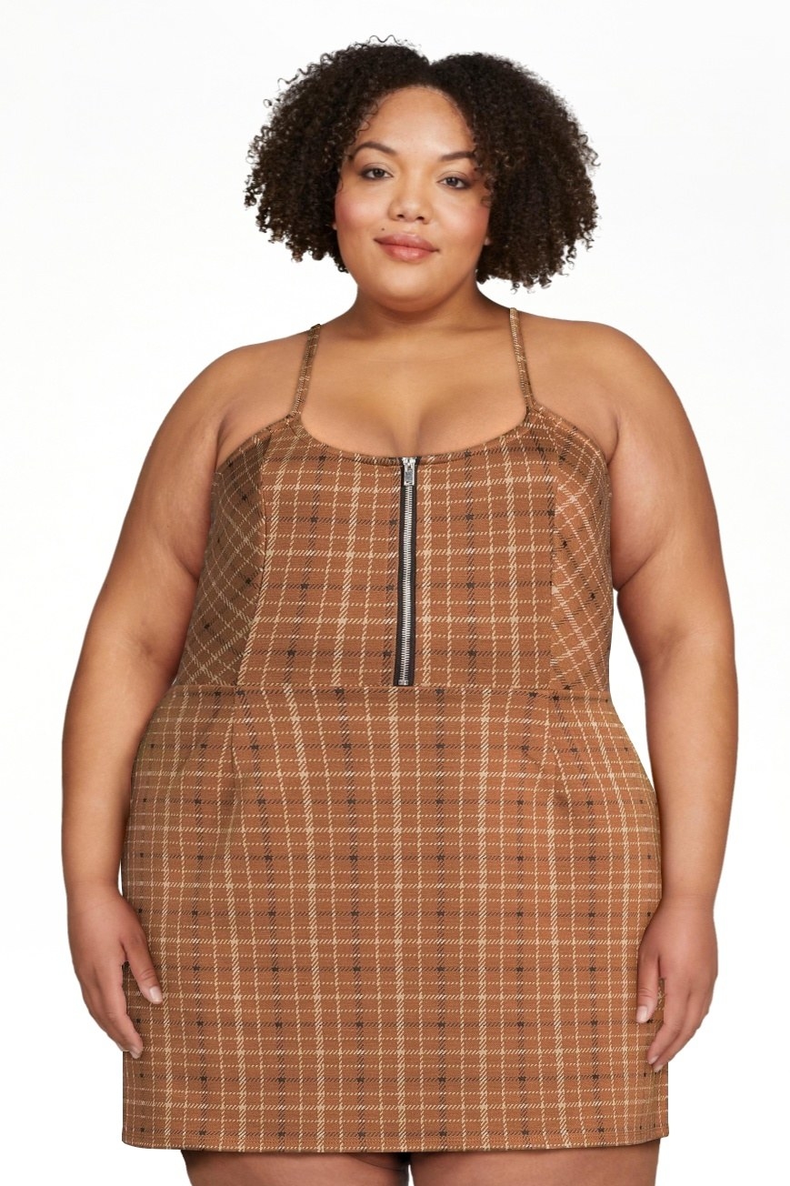 Model wearing brown plaid sleeveless mini dress