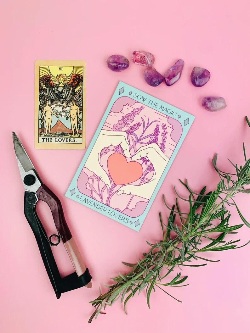 a seed packet with an illustration of hands making a heart that&#x27;s inspired by the lovers tarot card