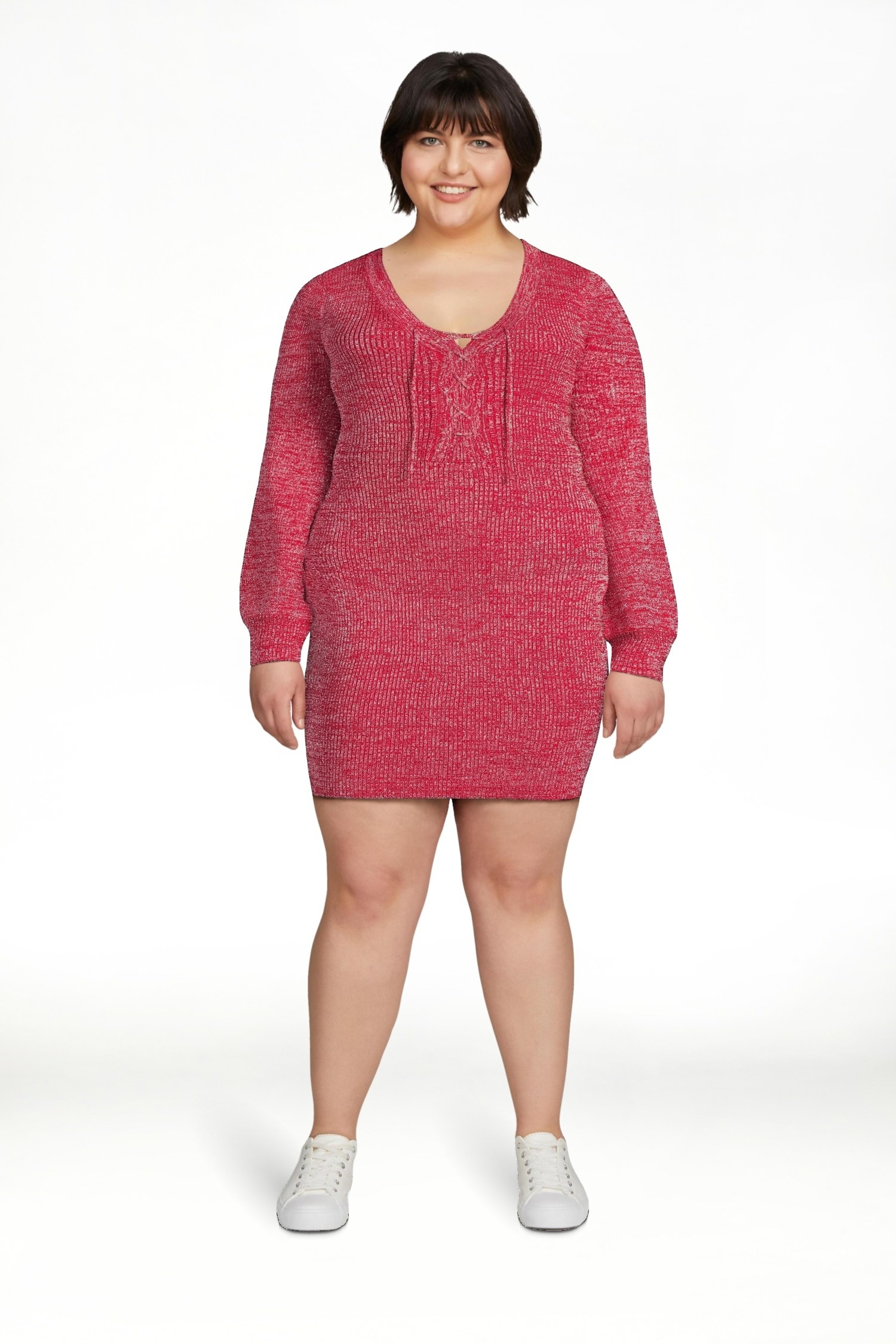 Model wearing pink long sleeve lace-up dress