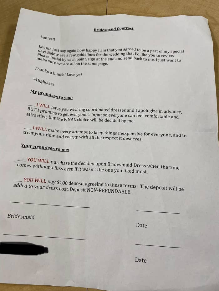 Contract asking people in the wedding to pay a deposit of $100