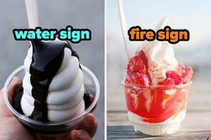 在左侧，一个热软糖圣代标有水上标志，在右侧，草莓圣代标有火号