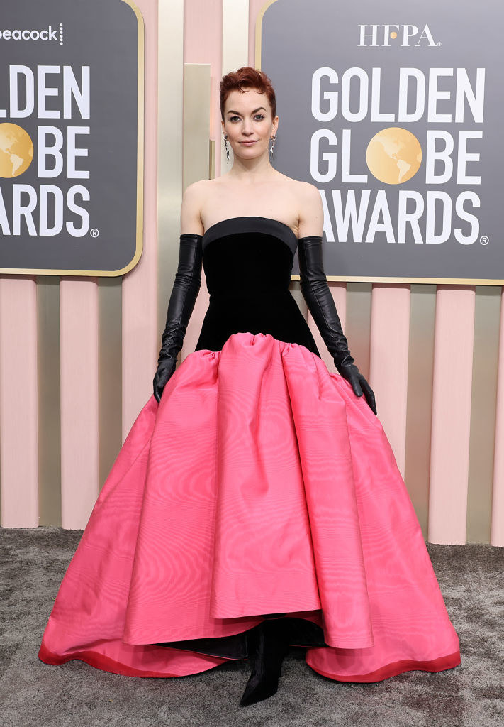 Britt Lower attends the 80th Annual Golden Globe Awards in a two tone puffy gown