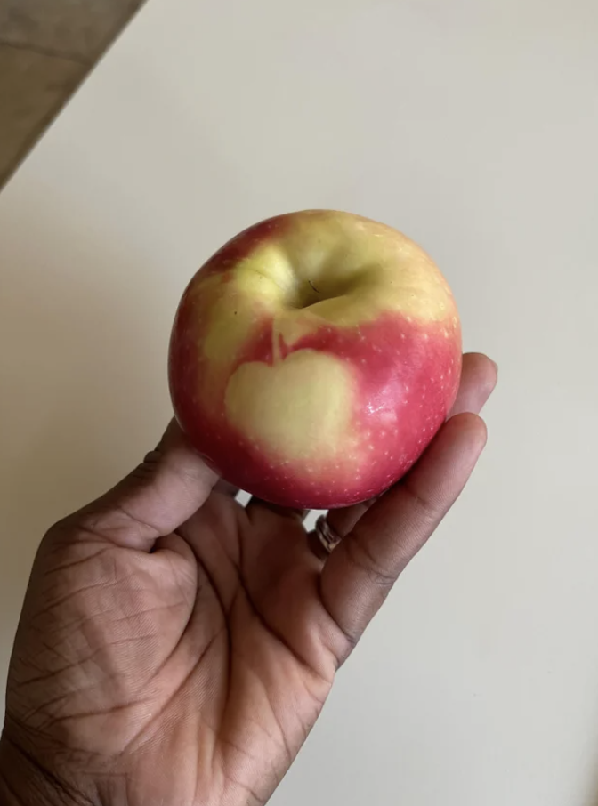 An apple with the shape of an apple on its skin