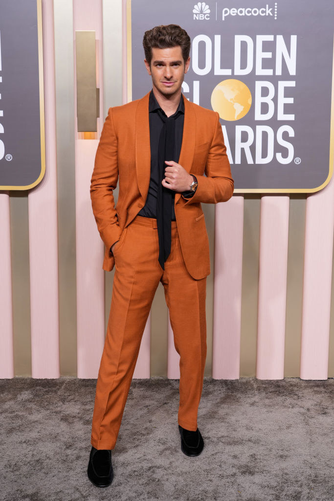 Andrew Garfield attends the 80th Annual Golden Globe Awards in a colorful suit