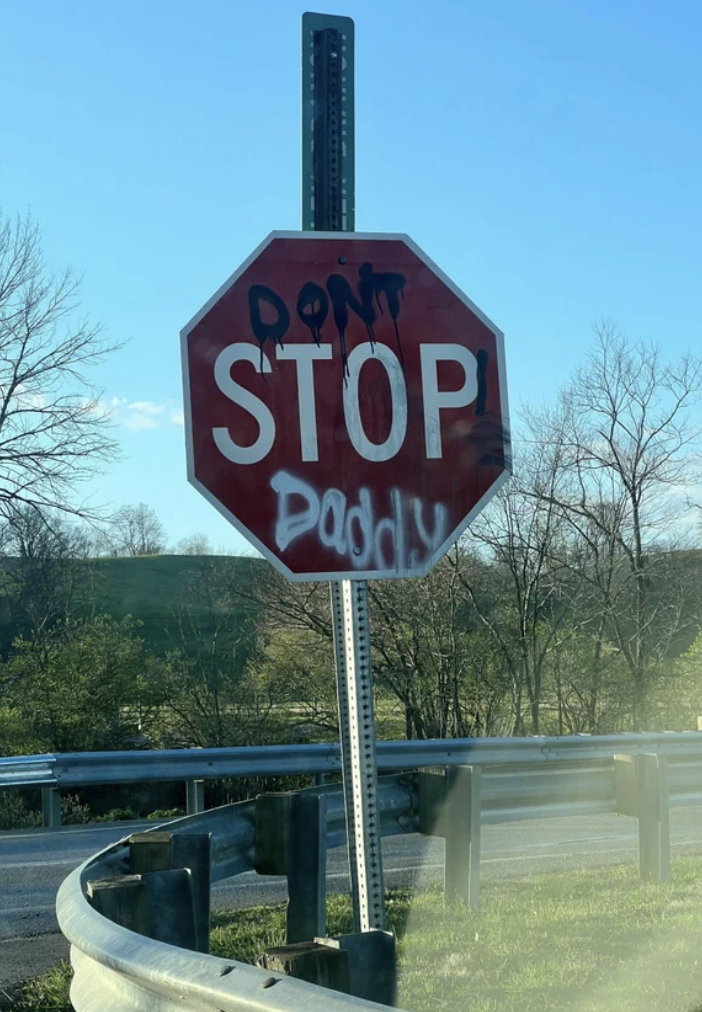 A stop sign has been spray painted so it now says "don't stop daddy"