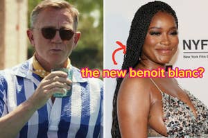 split image: on the left is daniel crag in round sunglasses, drinking a glass of water, on the right is keke palmer smiling