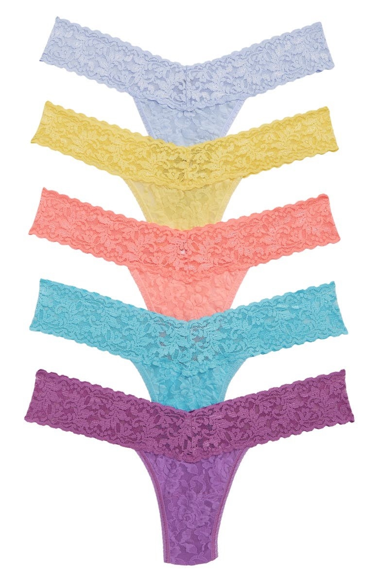 five brightly colored lace thongs