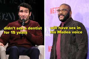 Kumail Nanjiani wears a burgundy sweater with navy pants. Tyler Perry wears a brown jacket over a red turtleneck sweater.