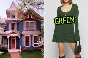 On the left, a Victorian style home with flowering trees out front, and on the right, someone wearing a mini sweater dress labeled green