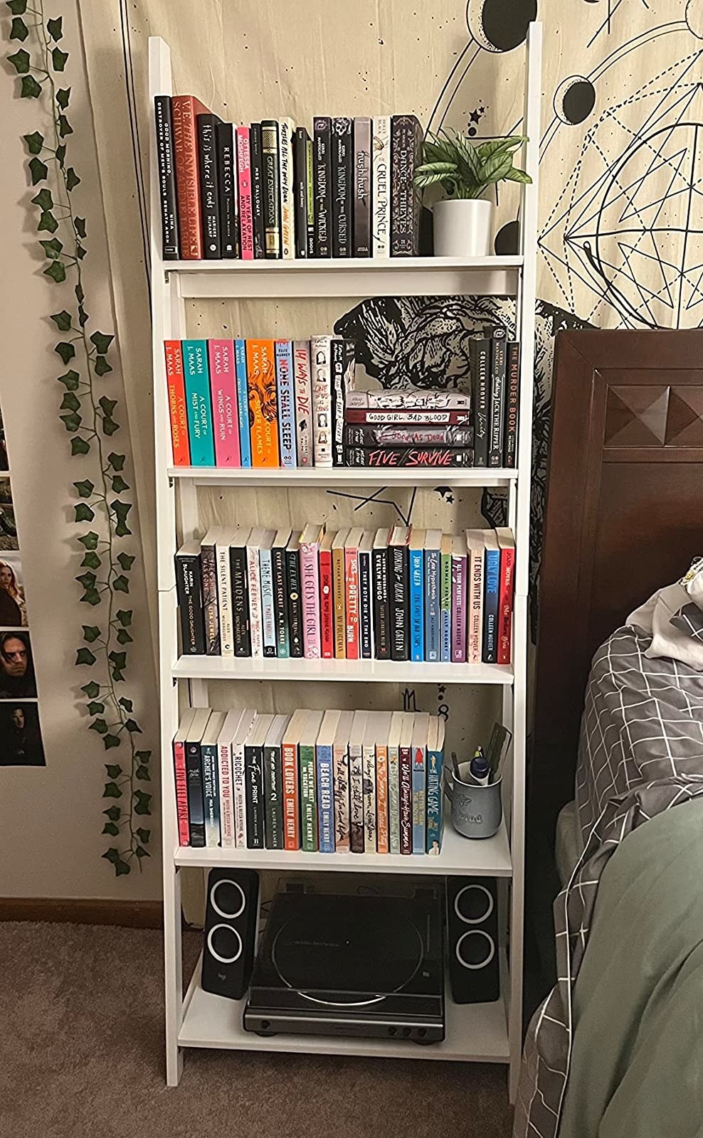 Reviewer image of ladder bookshelf with books
