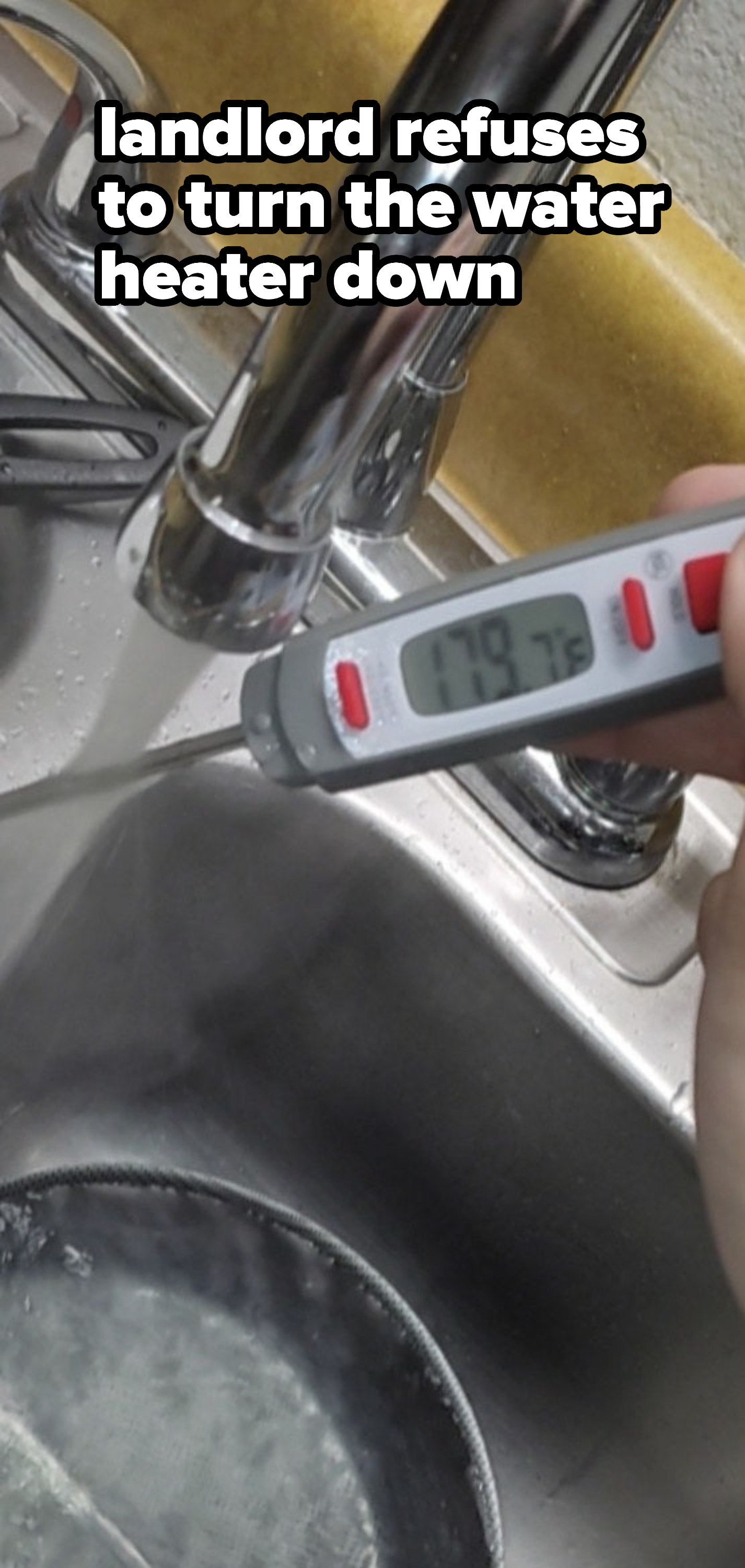 person measuring water temperature that reads 179 degrees