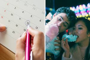 On the left, a calendar with a date circled, and on the right, Peter and Lara Jean eating cotton candy in To All the Boys I've Loved Before 2