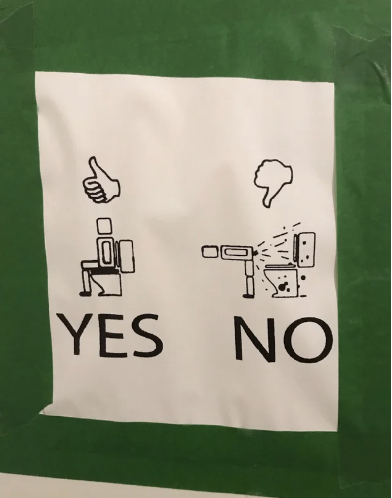 A bathroom sign that has a thumbs up and &quot;yes&quot; printed next to someone sitting on the toilet, and a thumbs down and &quot;no&quot; printed next to someone bending over next to the toilet and spraying poop in various directions