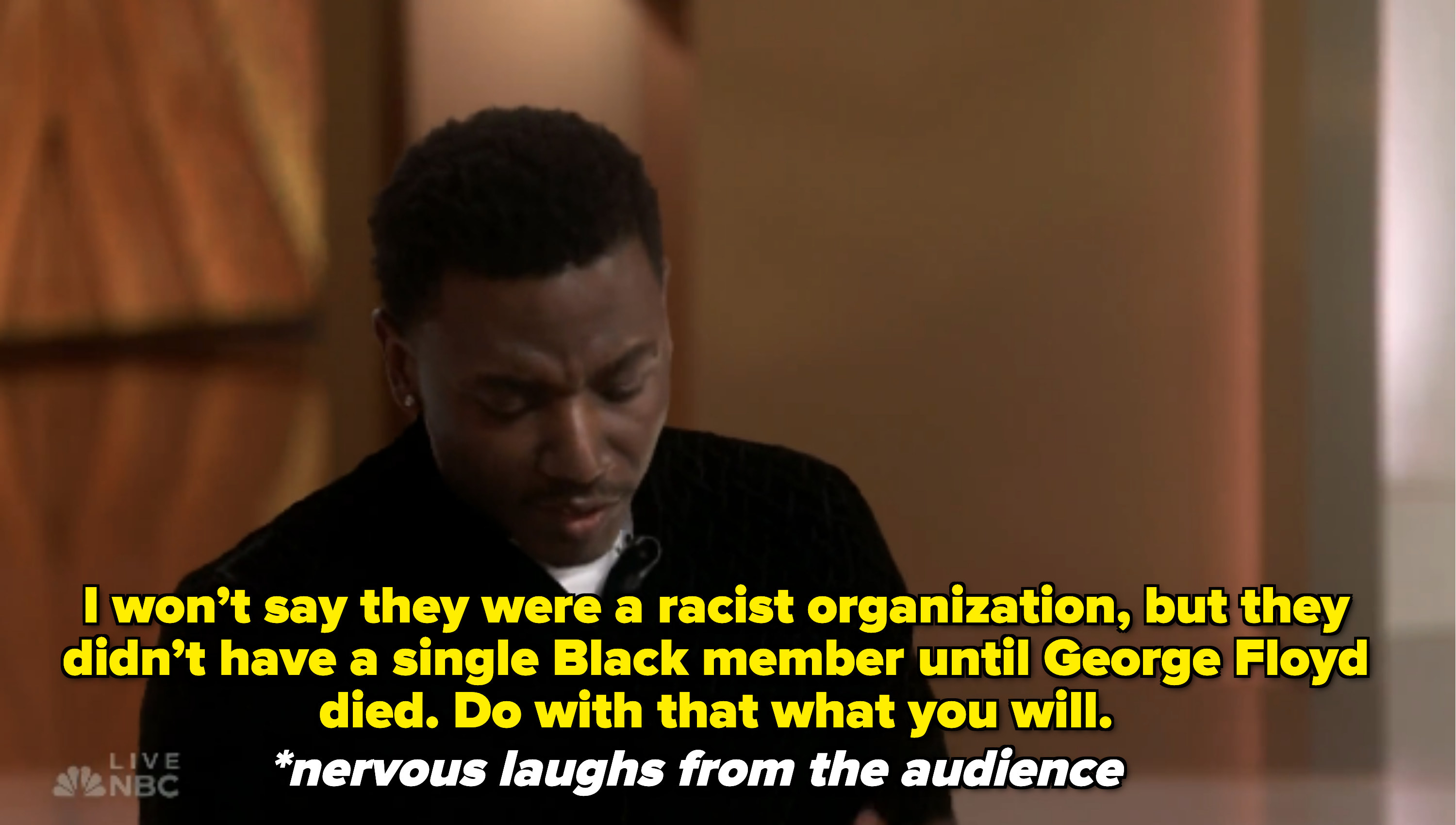 Jerrod saying, &quot;i won&#x27;t say they were a racist organization, but they didn&#x27;t have a single Black member until George Floyd died. Do with that what you will&quot;