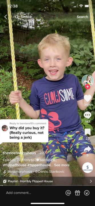 tiktok comment saying why did you buy it overlaid on a clip of Kaitlin&#x27;s son playing