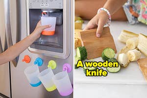 Cups attached to a fridge with suction cups and a child using one of the cups to get water/A child using a wooden knife to chop fruits and veggies