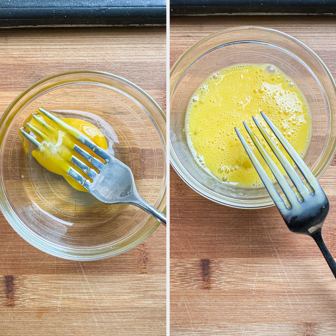 beating egg in small bowl with fork