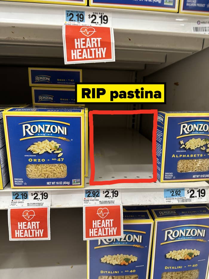 empty shelf where pastina should be in grocery store with RIP pastina written over it