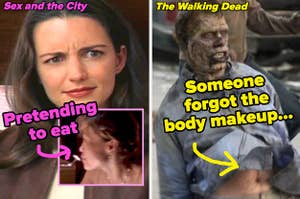 extra Pretending to eat on Sex and the City and zombie with clearly human stomach captioned "Someone forgot the body makeup..." on the walking dead