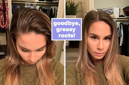 Reviewer before with greasy hair "goodbye, greasy roots!" and after with fresh-looking hair