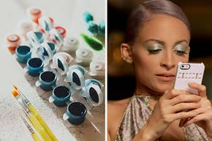 On the left, a paint by number canvas with brushes and paints on top of it, and on the right, Nicole Richie texting