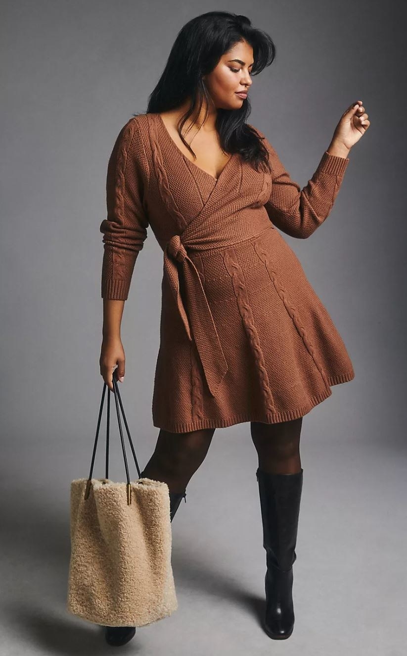 model wearing brown wrap sweater dress