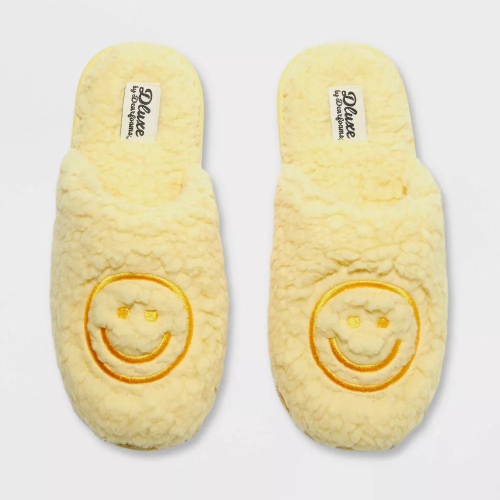 A pair of the yellow fuzzy slippers