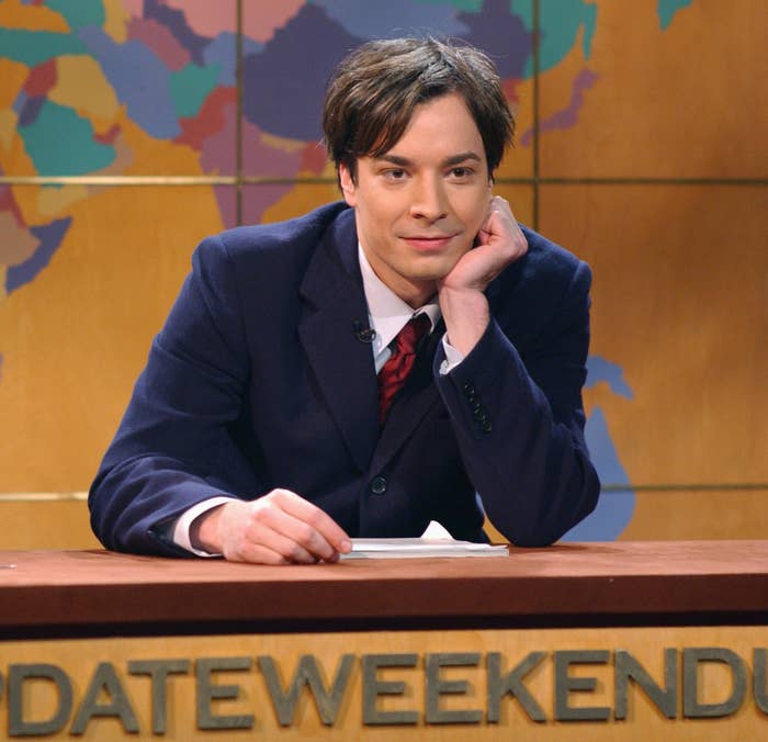 Tina Fey and Jimmy Fallon during &quot;Weekend Update&quot; in 2002