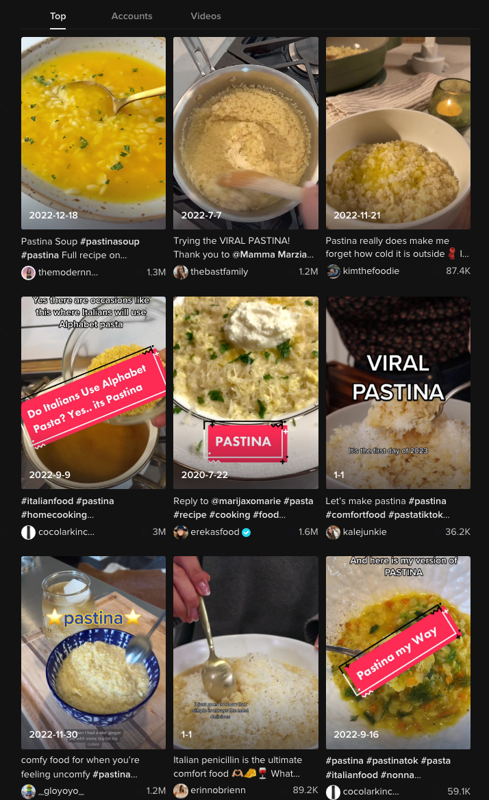 nine different examples of pastina in screencap of tiktok app, some with millions of views