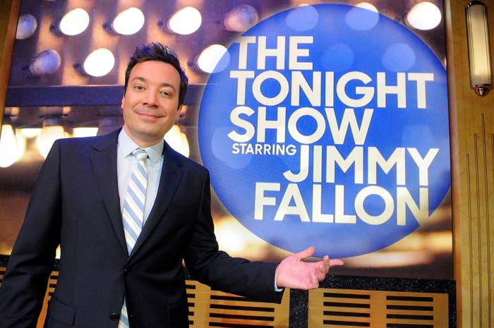 Jimmy Fallon poses during a presentation for the media