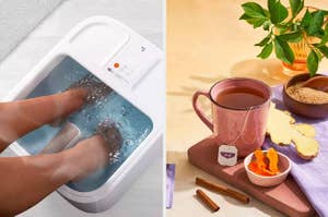 on left, model placing feet in heated foot spa machine. on right, red mug filled with yogi stress relief tea
