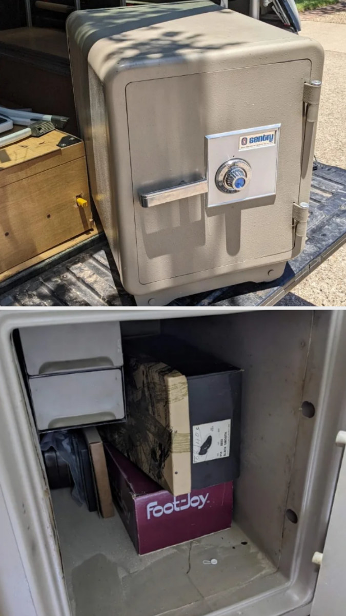 the opened safe with all the goods inside