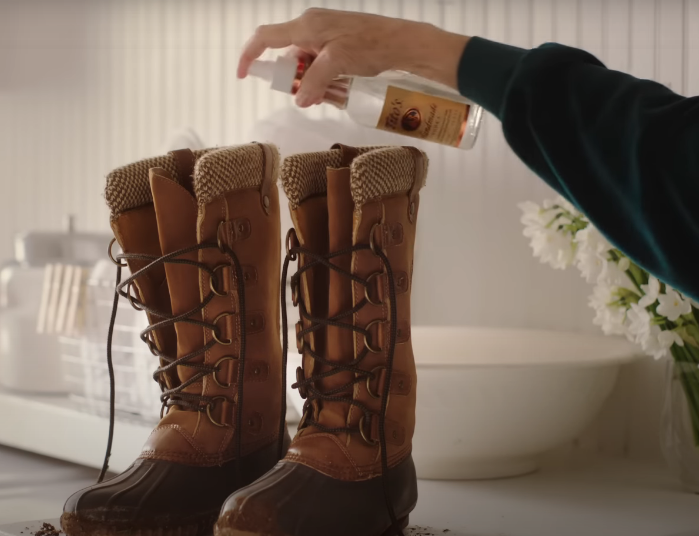 screenshot of ad: spraying vodka into boots to deodorize them