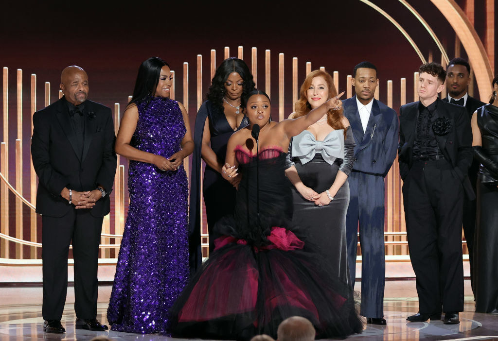 William Stanford Davis, Sheryl Lee Ralph, Janelle James, Quinta Brunson, Lisa Ann Walter, Tyler James Williams, and Chris Perfetti accept the Best Television Series - Musical or Comedy award