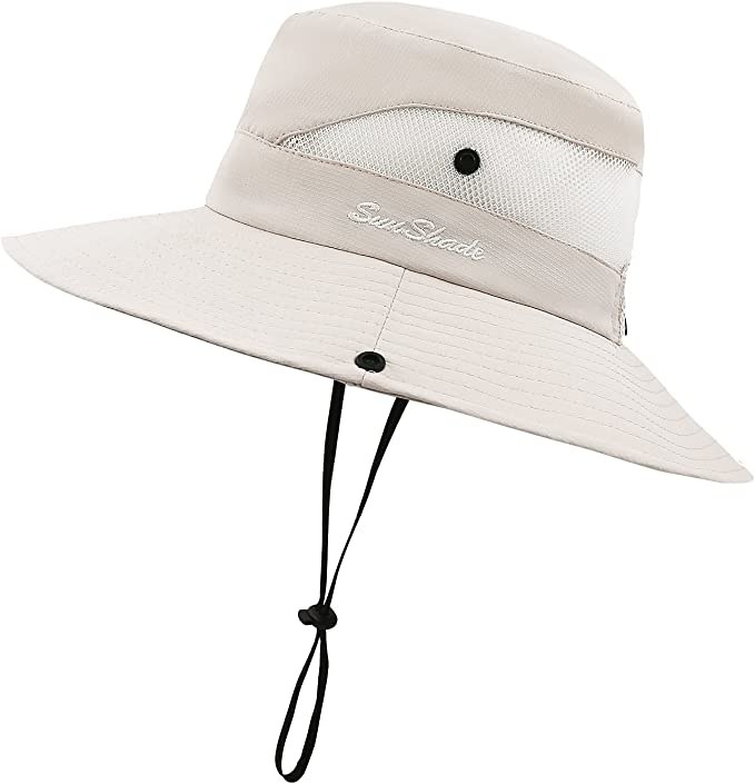 a sun hat with mesh along the cap, buttons to pin up the sides, and a strap so it won&#x27;t blow away