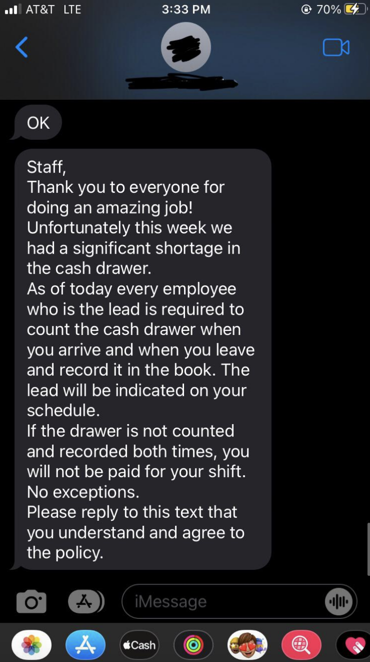 Boss threatening to not pay employees for their shift if the money drawer isn&#x27;t counted twice, once when they arrive for their shift and again when they leave