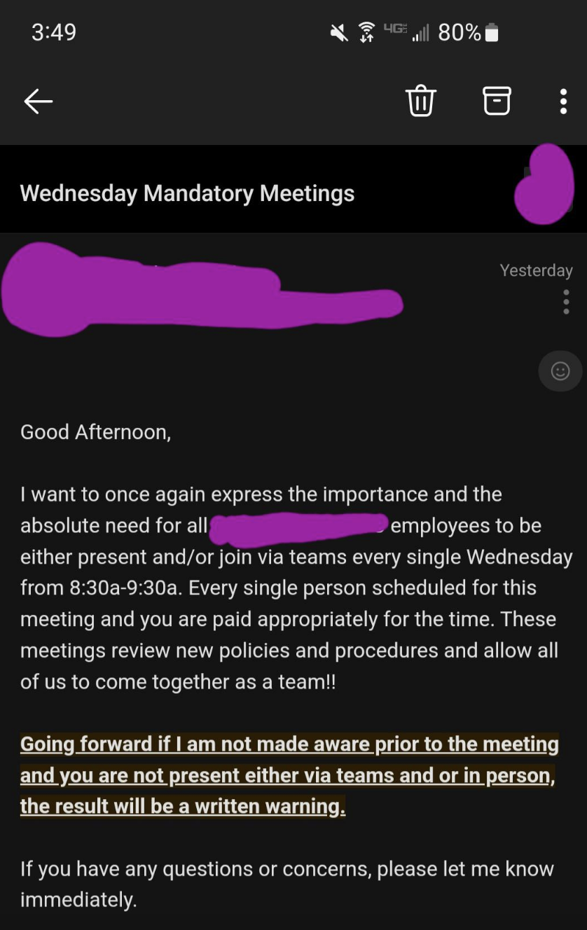 Boss requesting employees attend meetings not all employees can attend