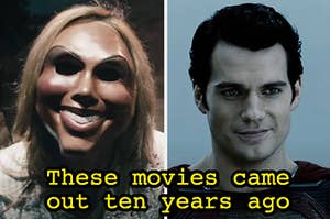 A split screen image of the purge mask and Superman