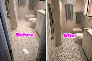 before and after of a bathroom that has remodeled with peel and stick floor tiles 